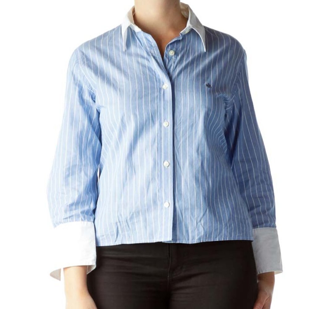 Lauren Ralph Lauren Blue White Pinstripe 100% Cotton Shirt